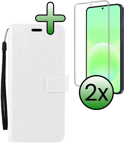 Hoesje Met 2x Screenprotector - Geschikt voor Samsung Galaxy A57 - Luxe Pasjeshouder - Bookcase Portemonee - Flip Case - Kunstleer Book Case - Flipcase Hoes - Book Cover - Walletcase - Portemonneehoes - Wit