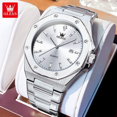 HO-3613.z : Olevs tijdloos 8 hoekig zilverkl edelstaal horloge, mat, zilverwit wijzerplaat, dagaanduiding