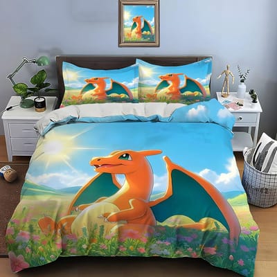 10 Maten Pokémon Charizard Print Beddengoed Set 3 Stuks Set Bed King Size Kussensloop Volwassen Bedovertrek Slaapkamer Bedset voor Cadeaus EU King 240X220cm