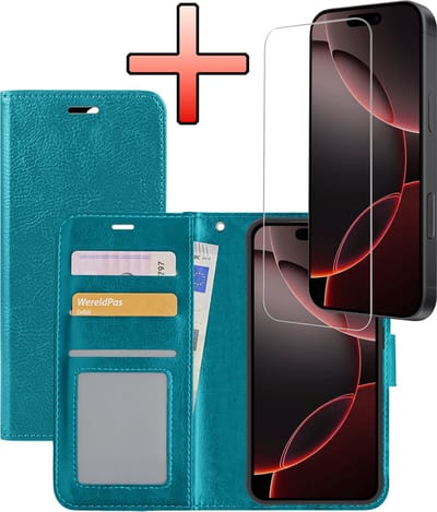 Hoesje - Met Screenprotector - Geschikt voor Apple iPhone 16 Pro - Luxe Pasjeshouder - Bookcase Portemonee - Flip Case - Kunstleer Book Case - Flipcase - Book Cover - Walletcase - Portemonneehoes - Turquoise