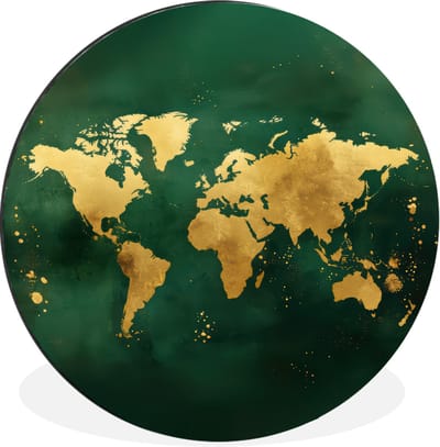 WallCircle - Wandcirkel - Muurcirkel - Wereldkaart - Groen - Goud - Aluminium - Dibond - 30x30 cm - Binnen en Buiten