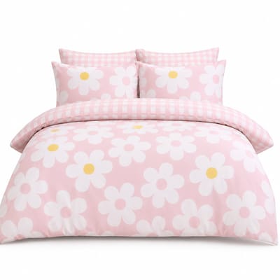 Roze Bloemen Dekbedovertrek 140 x 200 cm – Eenpersoons Beddengoed met Omkeerbaar Ruitpatroon – Inclusief 1 Kussensloop – Roze Madeliefjes Design – Zacht Microvezel Dekbedovertrek met Ritssluiting