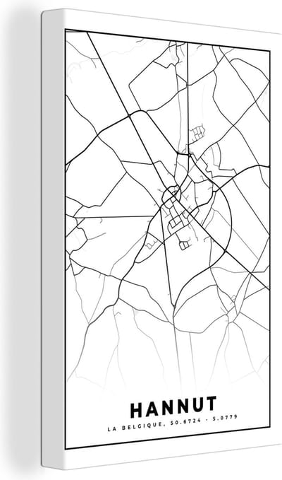 Canvas Schilderij België – Hannut – Stadskaart – Kaart – Zwart Wit – Plattegrond - 20x30 cm - Wanddecoratie