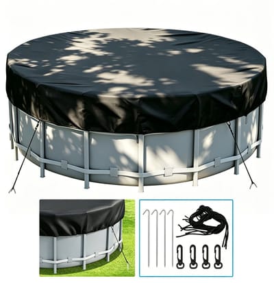 Zwembad hoes - Ronde Zwembadhoes 182 x 182 x 20 cm - 210D Oxford Waterdichte Zwembad Cover - Inclusief Winddichte Touwen, 4 Gespen en 4 Grondpalen - Zwart