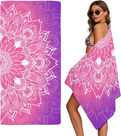 Strandhanddoek - Microvezel strandhanddoek - Paarse en roze mandala strandhanddoek, gemaakt van microvezel, zandvrij en sneldrogend, lichtgewicht badhanddoek, geschikt voor volwassenen en kinderen.