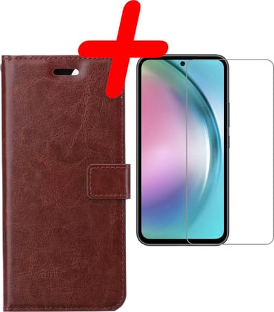 Hoesje Met Screenprotector - Geschikt voor Samsung Galaxy A54 - Luxe Pasjeshouder - Bookcase Portemonee - Flip Case - Kunstleer Book Case - Flipcase - Book Cover - Walletcase - Portemonneehoes - Bruin