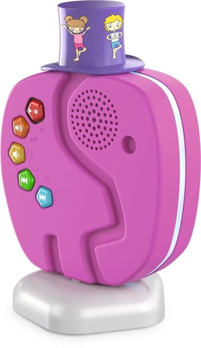 Technifant- voor kinderen een Draagbare MP3- Muziekspeler/Radio + nachtlampje met ontspannende muziek en WhiteNoise met Afspeelbare Audio-inhoud en Verwisselbare Hoed, Bluetooth, Batterij (Geen internet of abonnent nodig) Roze Olifant