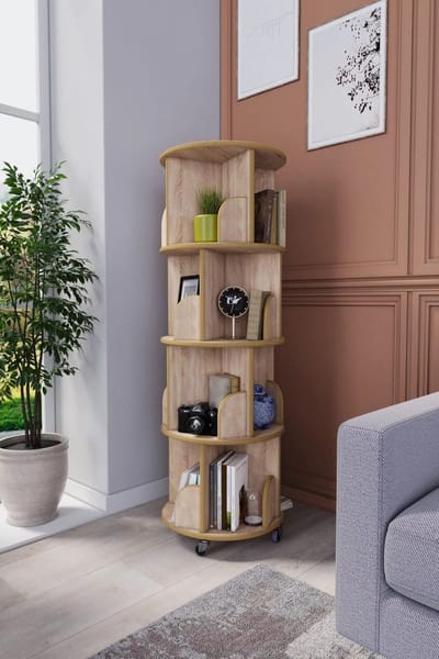 Boekenkast - Boekenkast Industrieel - Boekenkast met Wielen - Boekenkast Kind - Boekenrek - Houtkleur - 360° draaibaar - 4 Laag