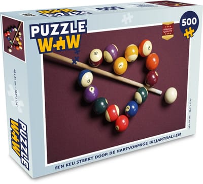 Puzzel Een keu steekt door de hartvormige biljartballen - Legpuzzel - Puzzel 500 stukjes