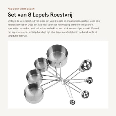 Dailygoods- Lepels Set van 8 - Maatlepels/RVS - Antislip Handgreep - Ergonomisch Keukengereedschap - Voor Granen/Suiker/Koffie - Voedselveilig Materiaal