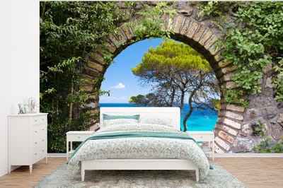 Behang - Fotobehang Zee - Boom - Tropisch - Doorkijk - Breedte 320 cm x hoogte 240 cm