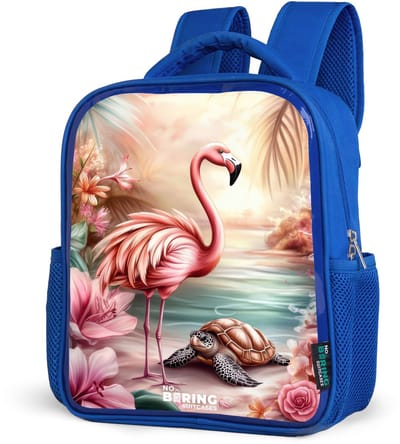 NoBoringSuitcases.com® - Rugzak blauw - Schooltas jongens - Flamingo en schildpad op een roze strand. - Kinder rugtas jongen - Boekentas kind - Kinderrugzak voor school - Schoolrugzak