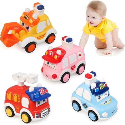 4 Stuks Druk & Ga Wrijvingsauto Speelgoed voor Peuters - Cartoon Bouw Brandweer Politie Ambulance Noodvoertuig Set - Montessori Vroegonderwijs Duwauto's voor 1 2 3 Jaar Oude Jongens Meisjes Baby Cadeau