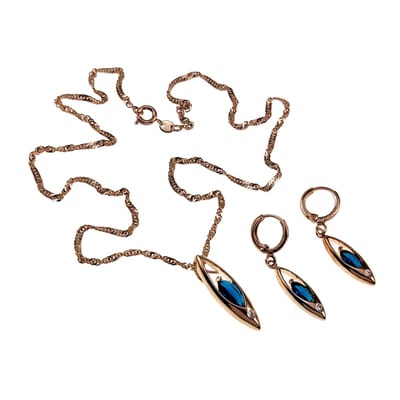 Driedelige set Dames - Rose Gold Plated - Ketting met Hanger en Lange Oorbellen met Blauwe Zirkonia
