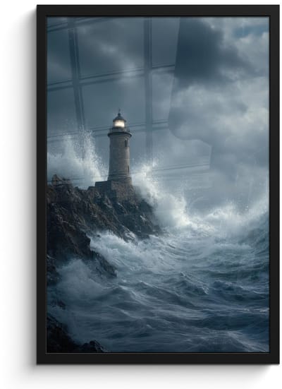 Poster in lijst - Fotolijst 40x60 cm - Posters - Rotsen - Vuurtoren - Golven - Klliffen - Posterlijst zwart - Decoratie - Wanddecoratie woonkamer - Muurdecoratie slaapkamer