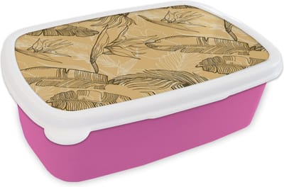 Broodtrommel Roze - Lunchbox - Brooddoos - Bladeren - Zomer - Tropisch - Hawaii - 18x12x6 cm - Kinderen - Meisje