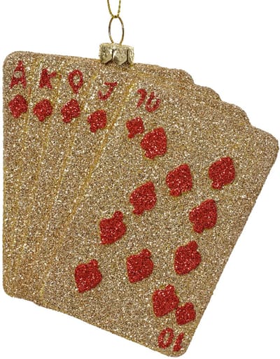 Decoris - Ornament Kerst Speelkaart - Rood/Goud Glitter – L11 x B10 cm