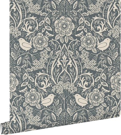 ESTAhome behang bloemen en vogels in art nouveau stijl vergrijsd donker blauw - 50 x 900 cm - 131991