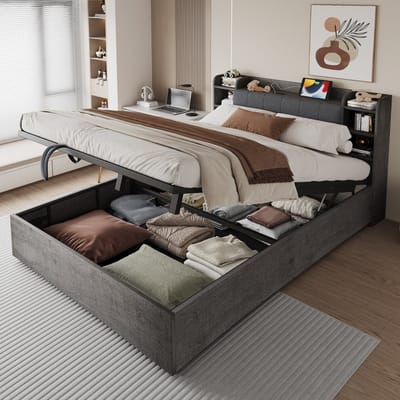 MODFU Bed Met Opbergruimte - Hydraulische Opbergruimte En USB-C-Aansluiting - Modern - Slaapkamer - MDF - Grijs - 180 x 200 cm