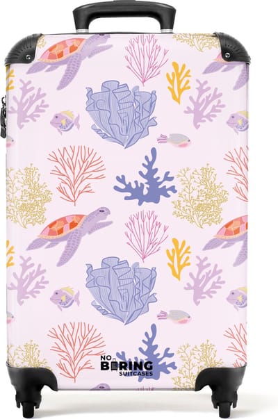 NoBoringSuitcases.com® - Handbagage koffer lichtgewicht - Reiskoffer trolley - Roze met zeeleven print - Rolkoffer met wieltjes - Past binnen 55x40x20 en 55x35x25