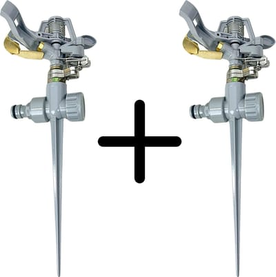 Synx Tools 2 Stuks Sectorsproeier op spike - cirkelsproeier - sproeier pulserend - 360 graden - Tuinsproeier - statief - sectorbegrenzer - 14 M reikwijdte