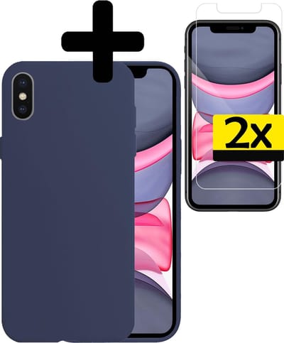 Hoesje Geschikt voor iPhone X Hoesje Siliconen Case Met 2x Screenprotector - Hoes Geschikt voor iPhone X Hoes Siliconen - Donkerblauw