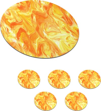 Onderzetters voor glazen - Rond - Marmer print - Oranje - Geel - Design - 10x10 cm - Glasonderzetters - 6 stuks