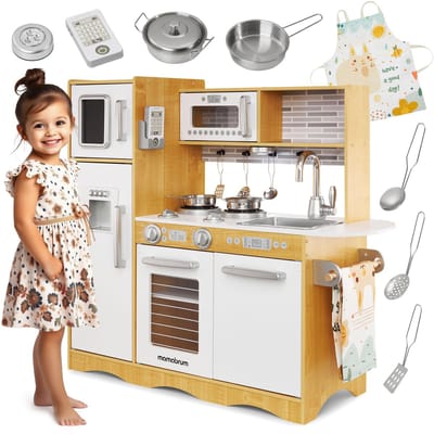 Mamabrum Houten Speelgoedkeuken XL - Kinderkeuken met accessoires - Speelgoed keuken incl pannenset, keukengerei, keukenschort, keukenset - Speelkeukentje voor kinderen vanaf 3 jaar