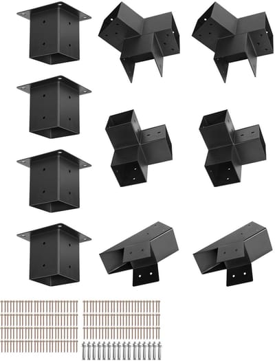 Pergola Kit, 4x4 Inch Spitse Dak Beugels voor 3.5x3.5 Inch Hout, 3-Weg / 4-Weg Connectoren met Paal Basis & Kam Beugels voor Buiten Structuren, 14 Stuks