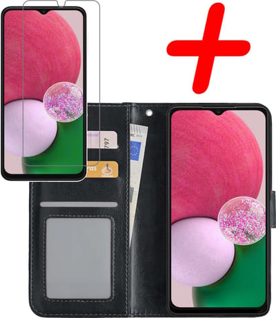 Hoesje Met Screenprotector - Geschikt voor Samsung Galaxy A13 4G - Luxe Pasjeshouder - Bookcase Portemonee - Flip Case - Kunstleer Book Case - Flipcase - Book Cover - Walletcase - Portemonneehoes - Zwart