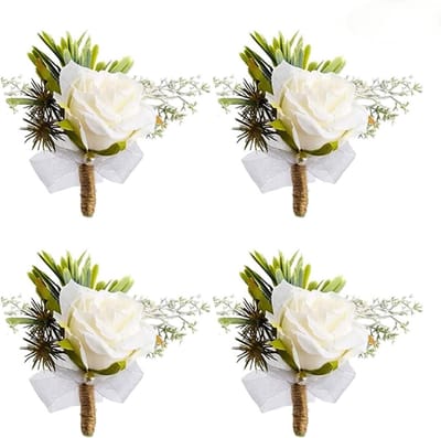 Knoopsgat Corsage - Bruiloft Bloemen - Feestelijke Accenten - Handgemaakt Ontwerp - 4 Stuks - Wit