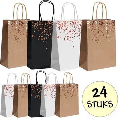 24x Papieren Uitdeeltasjes Rose Gold Print Mix - 15x8x21cm - Stevig Papier - Traktatie Zakjes - Papieren Tasjes - Cadeau Zakjes - Uitdeelzakjes - Rosé Goud Print Mix - Kraftpapier - 24 Stuks