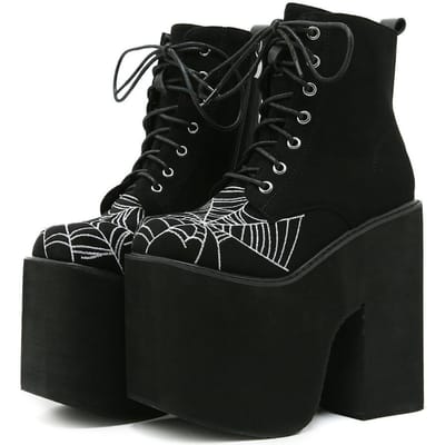 Gdgydh Dameslaarzen Goth Spinnenweb Geborduurde Schoenen Hoge Hak Enkellaarzen Hoge Plateau Kwaliteit Mode Punk Dikke Hakken Rits 36 black