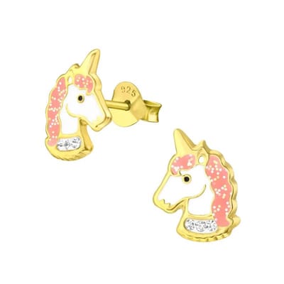 Aramat Jewels | Oorbellen | Unieke Zilveren Unicorn Oorbellen - Goudkleurig & Kristal | | | |8mm | Zilver | Kinderen | Verkleurd niet