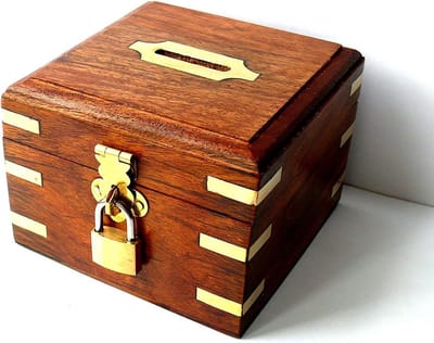 Massief Houten Spaarpot Kist met Slot en Sleutel - Vintage Geldbank voor Kinderen en Volwassenen