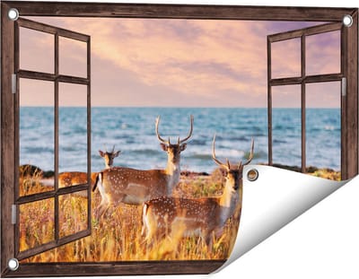 Gards Tuinposter Doorkijk Drie Herten aan de Zee tijdens Zonsondergang - 60x40 cm - Tuindoek - Tuindecoratie - Wanddecoratie buiten - Tuinschilderij