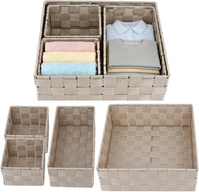 Set van 8 Beige Gevlochten Opbergdozen, Rieten Uiterlijk, Vierkante Dozen met Metalen Frame voor Organisatie en Opslag, 28 x 28 x 10 cm, 26 x 13 x 9 cm, 13 x 13 x 9 cm