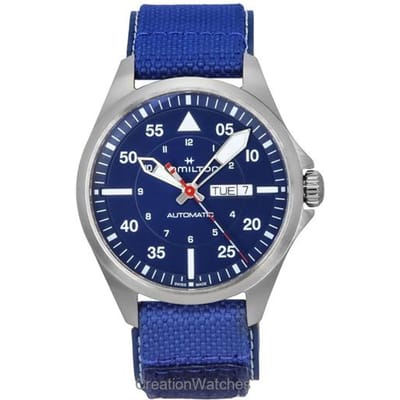 Hamilton Khaki Aviation Pilot Air-Glaciers Editie Textiel Band Blauwe Wijzerplaat Automatisch H64655941 100M Herenhorloge blauw