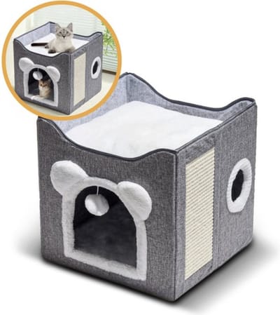 MIRO® Kattenhuis Met Krabpaal - Slaaphol , Mand , Hok , Bed & Meubel Voor Katten - Opvouwbaar Met Krabmat - Grijs