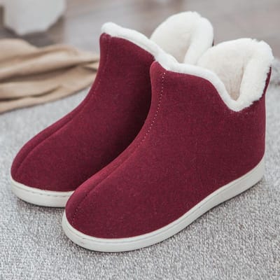 Bottes de Neige Femmes Porter Bottes Haute Laine à Semelles Épaisses Automne Hiver Fourrure Couvertes Demi Pantoufles Peluche 36-37 rouge vin