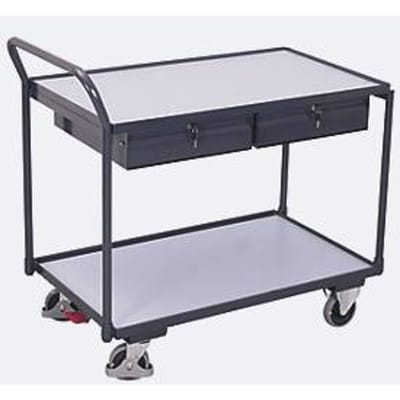Lichte ESD-tafelwagen, staal/spaanplaat, grafietgrijs/lichtgrijs, 2 etages, L 985 x B 605 mm, 2 laden, TPE-wielen met EasySTOP, tot 250 kg