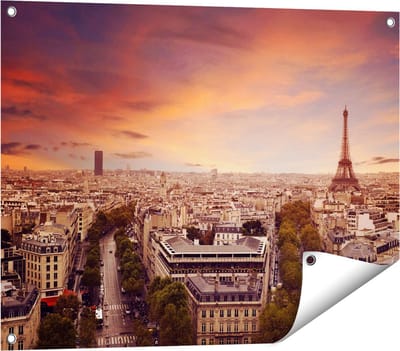 Gards Tuinposter Skyline Parijs met Eiffeltoren - 80x60 cm - Tuindoek - Tuindecoratie - Wanddecoratie buiten - Tuinschilderij