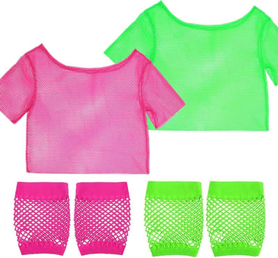 80s 90s retro outfit voor dames, off-shoulder net shirt en neon top, inclusief 2 paar handschoenen voor verjaardag, cosplay en carnaval
