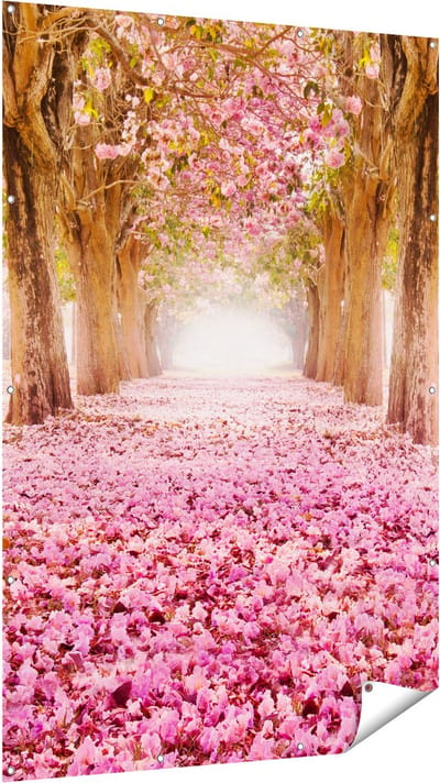 Gards Tuinposter Romantische Bomen Tunnel met Roze Anjers - 120x180 cm - Tuindoek - Tuindecoratie - Wanddecoratie buiten - Tuinschilderij