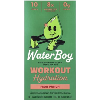 Waterboy, Hydratatie voor Trainingen, Elektrolytend Drankpoeder, Fruit Punch, 10 Zakjes, 6,5g (0,23 oz) Elk