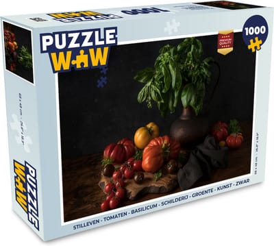 Puzzel Stilleven - Tomaten - Basilicum - Schilderij - Groente - Zwart - Legpuzzel - Puzzel 1000 stukjes volwassenen