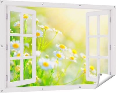 Gards Tuinposter Doorkijk Witte Kamille Bloemen met Zonneschijn - 150x100 cm - Tuindoek - Tuindecoratie - Wanddecoratie buiten - Tuinschilderij