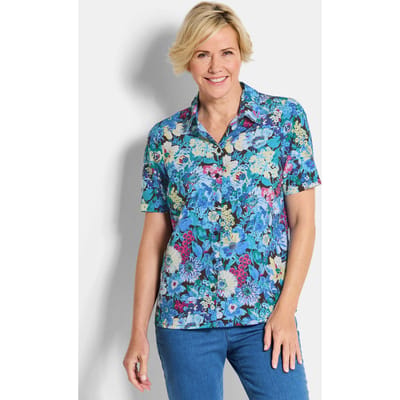 Strijkvrije overhemdblouse met bloemenmotief - blauw / gedess. - Gr. 20 van Goldner Fashion