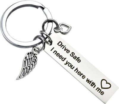 Fako Bijoux - Sleutelhanger Drive Safe, I Need You Here With Me - Vleugel & Hart - Sleutelring Tekst - Cadeau - Geschenk - Zilverkleurig