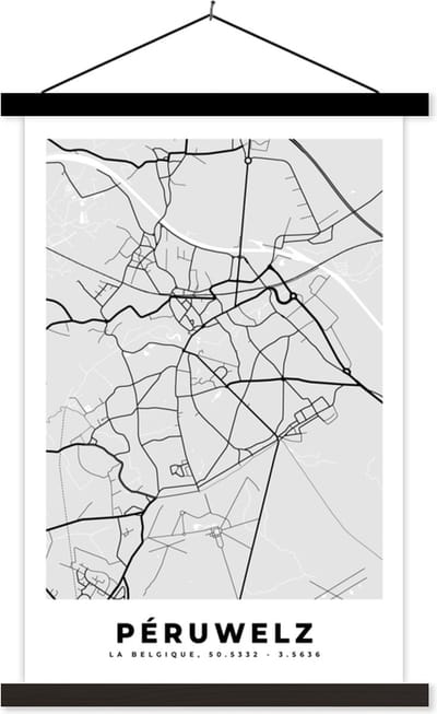 Posterhanger incl. Poster 40x60 cm - Schoolplaat - Stadskaart – Plattegrond – België – Zwart Wit – Péruwelz – Kaart - Textielposter - Zwarte latten - Stadskaart